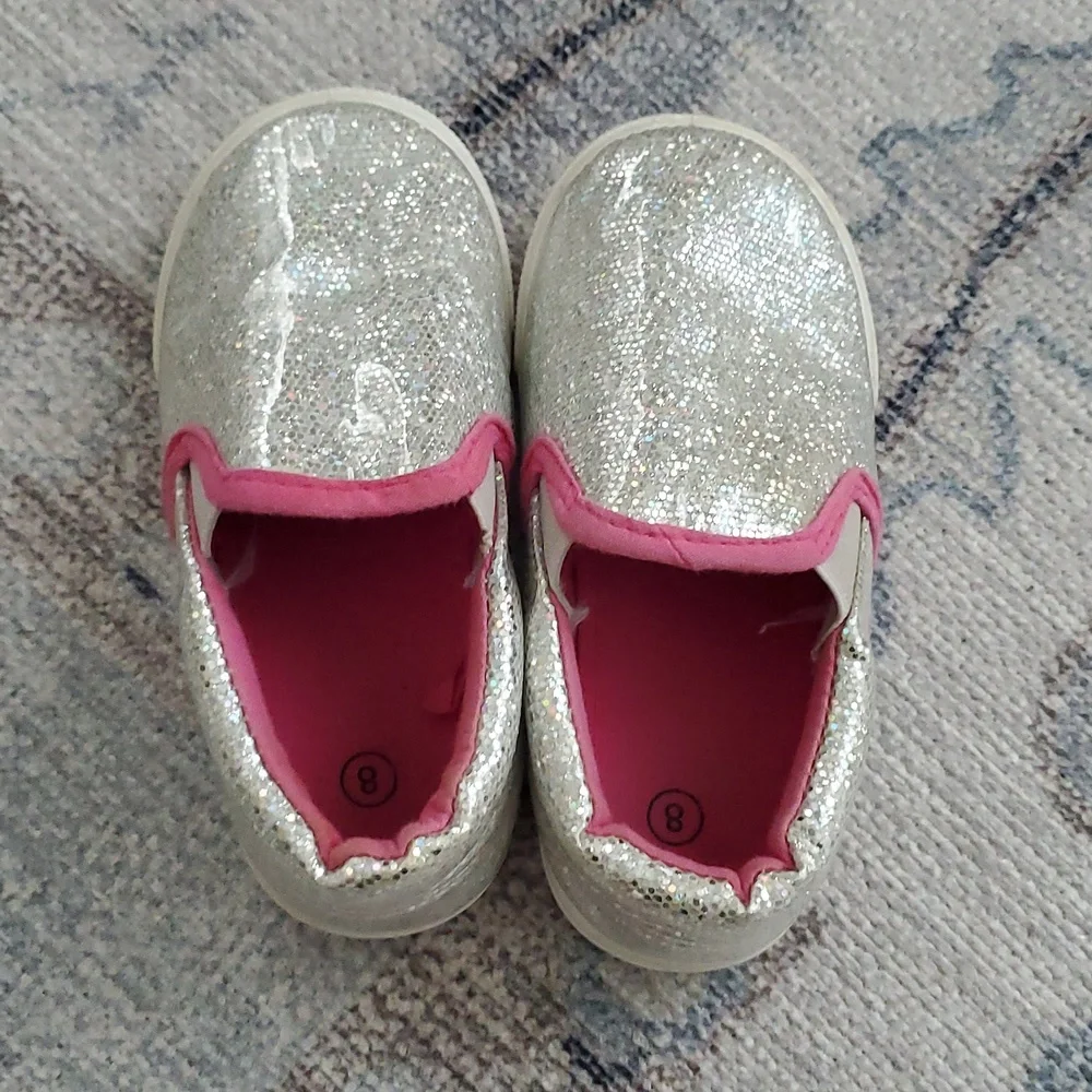 Toddler Girls Silver Coated Glitter Slip-on Sneakers Shoes Sz8